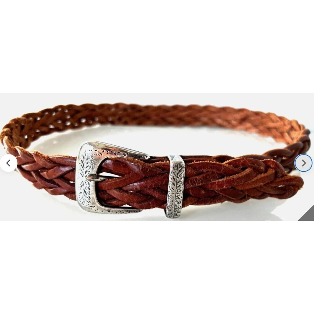 VTG Woven Brown Leather Belt M Argentina Westcore Cowgirl Bohemian Etch Silver